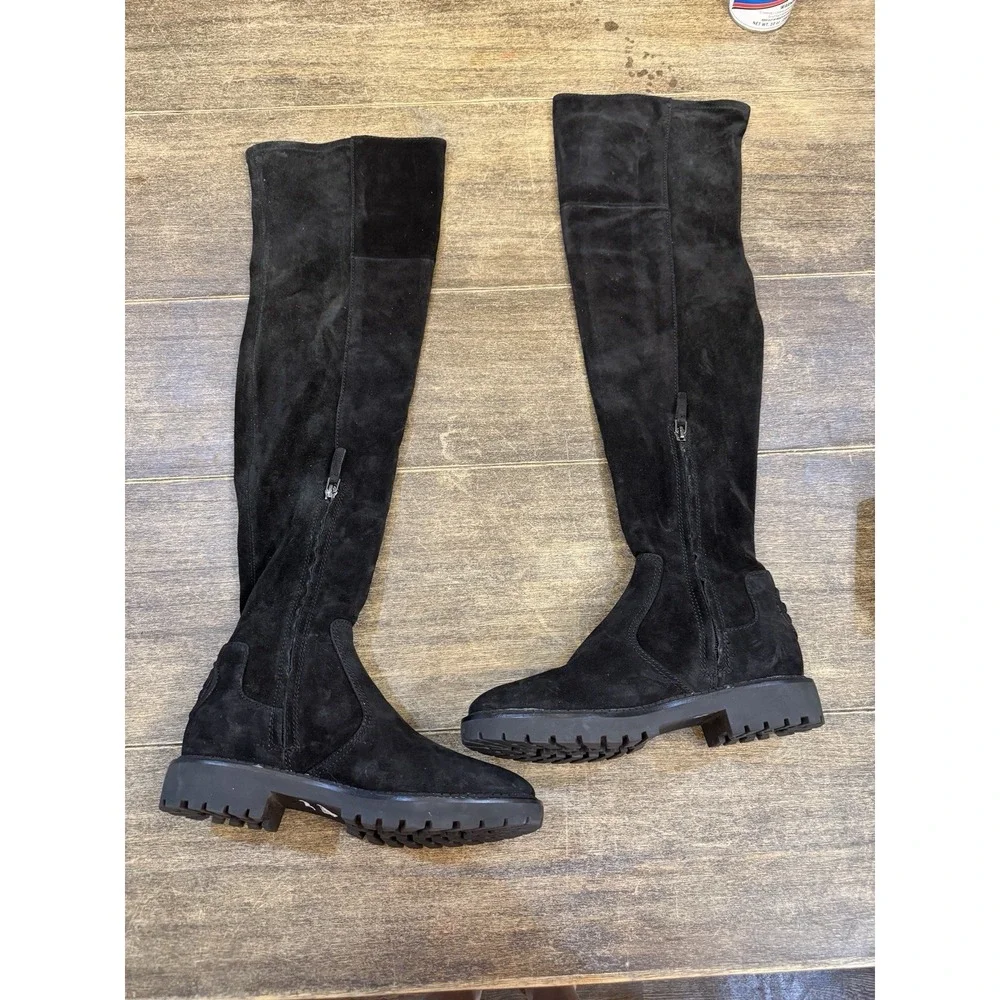 Tory Burch Black Suede Logo Miller Over the Knee Tall Logo Boot Shoes Size 7.5